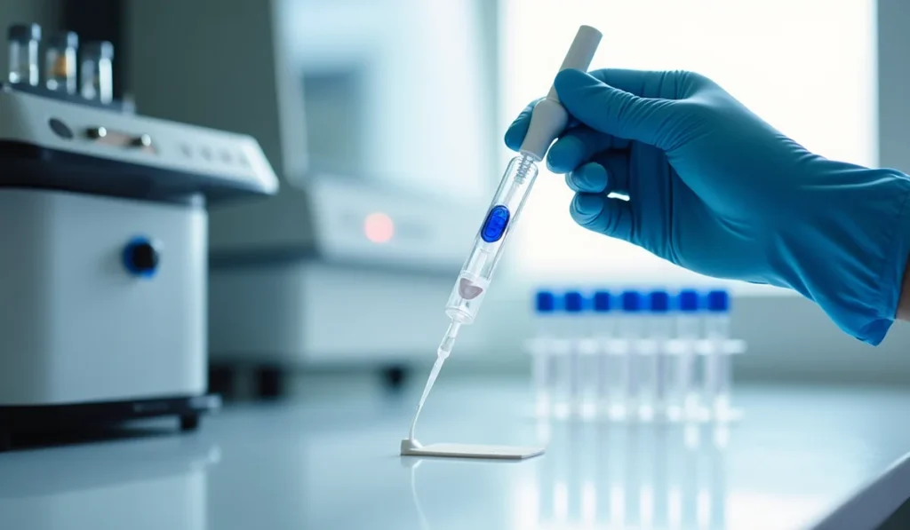 woman in the process of testing a saliva drug test in a lab setting while wearing a blue latex glove.