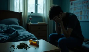 depressed teenager sitting in dark room after having consumed cannabis